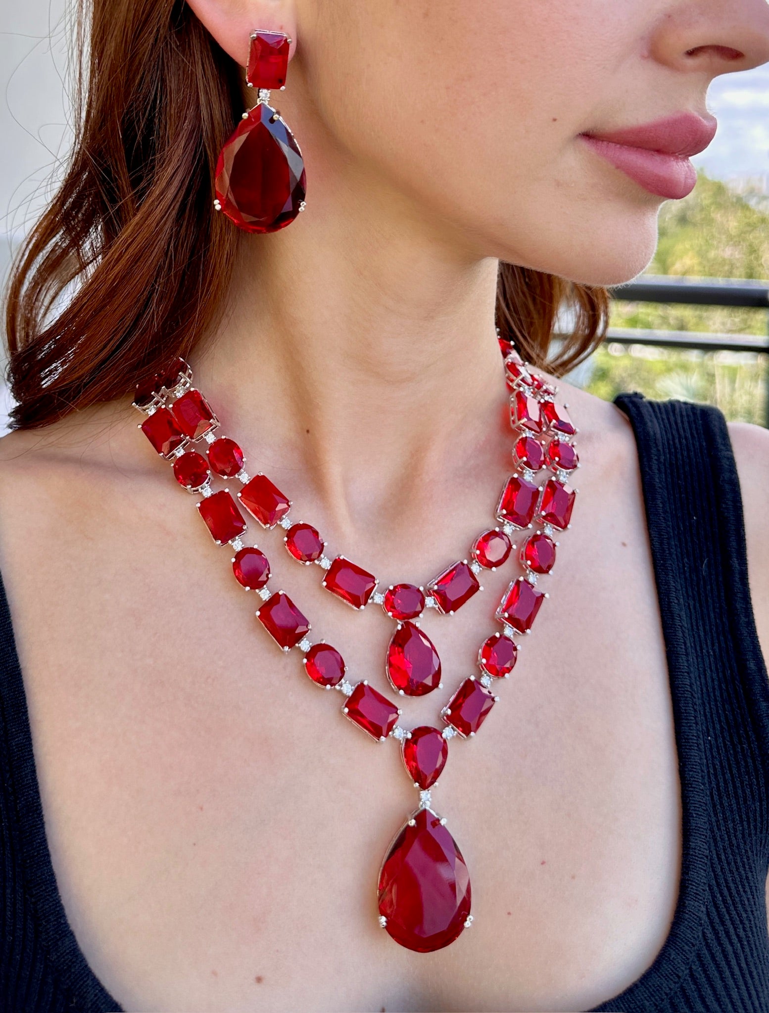 Statement Ruby Red Stone Layered Pendant Necklace and Earrings Set