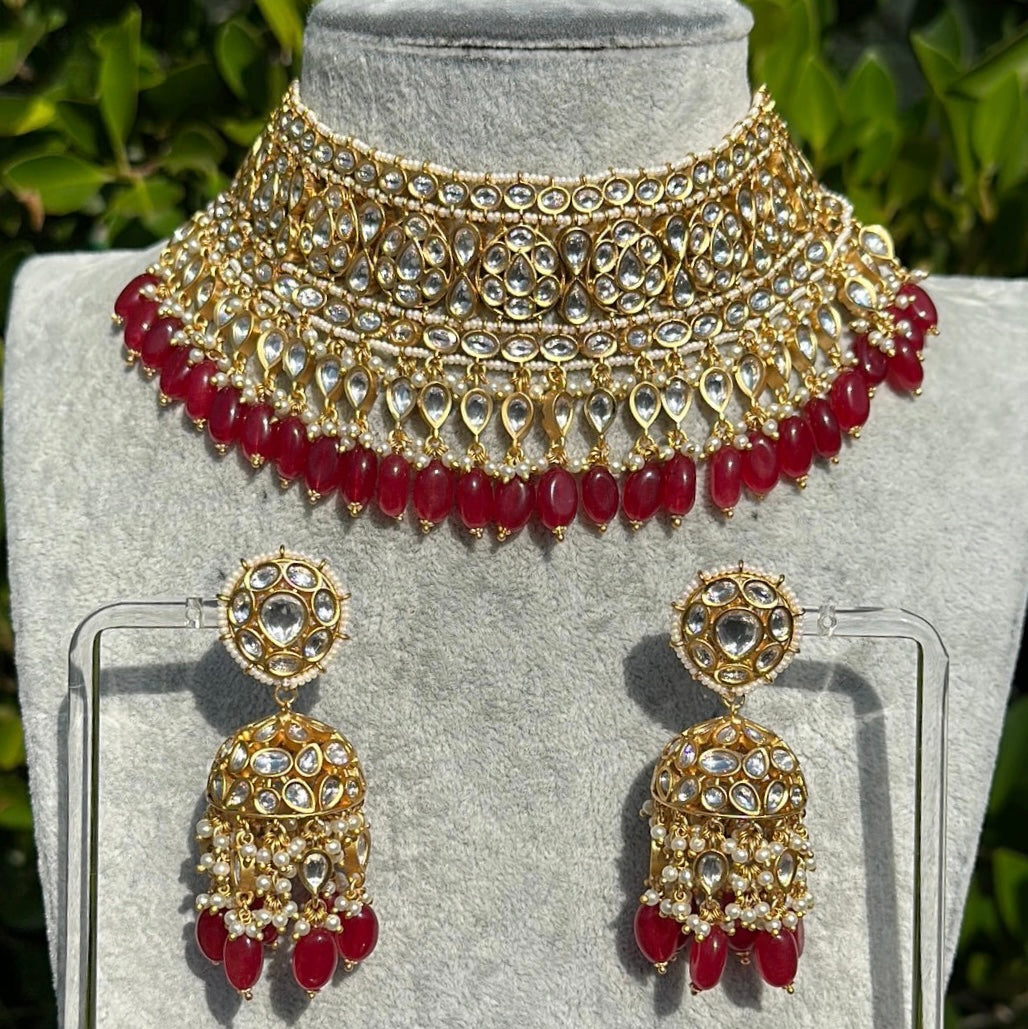 Kundan Laced Ruby Choker Necklace & Jhumka Earrings Set