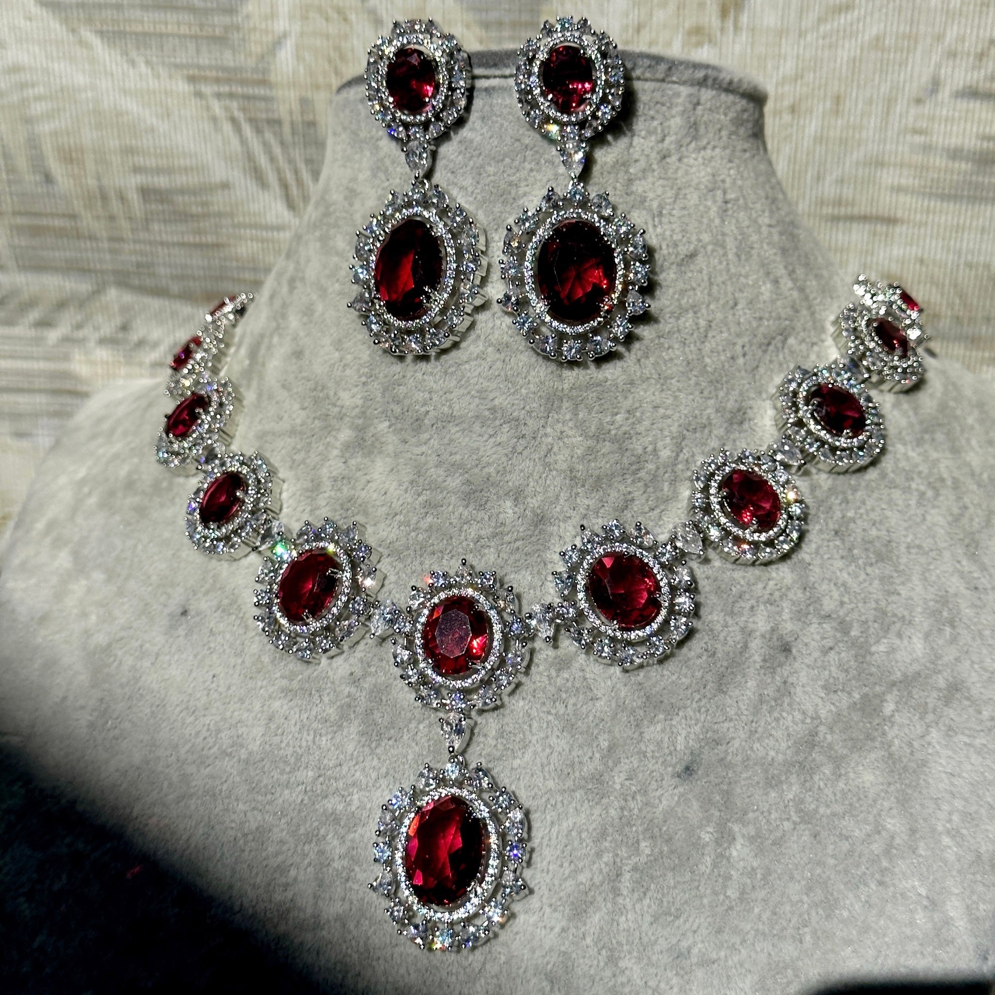 Blushing Ruby Oval Crowned Necklace & Earrings Set