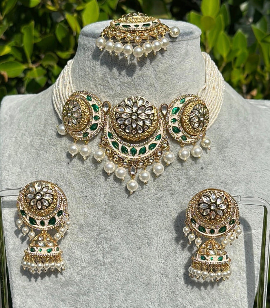 Green Kundan & Pearls Painted Medallion Necklace & Earrings & Tikka Set
