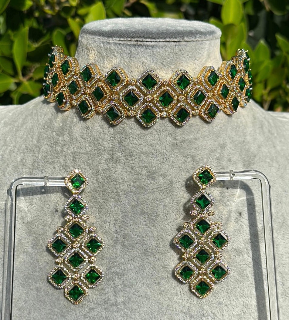 Emerald Princess Cut Halo Choker Necklace & Earrings Set