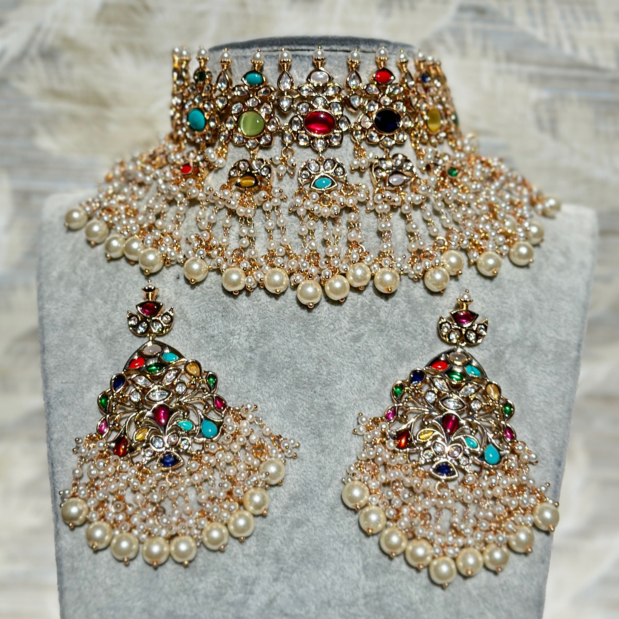 Gold Kundan Multi Crowned Choker Necklace, Earrings, & Tikka Set