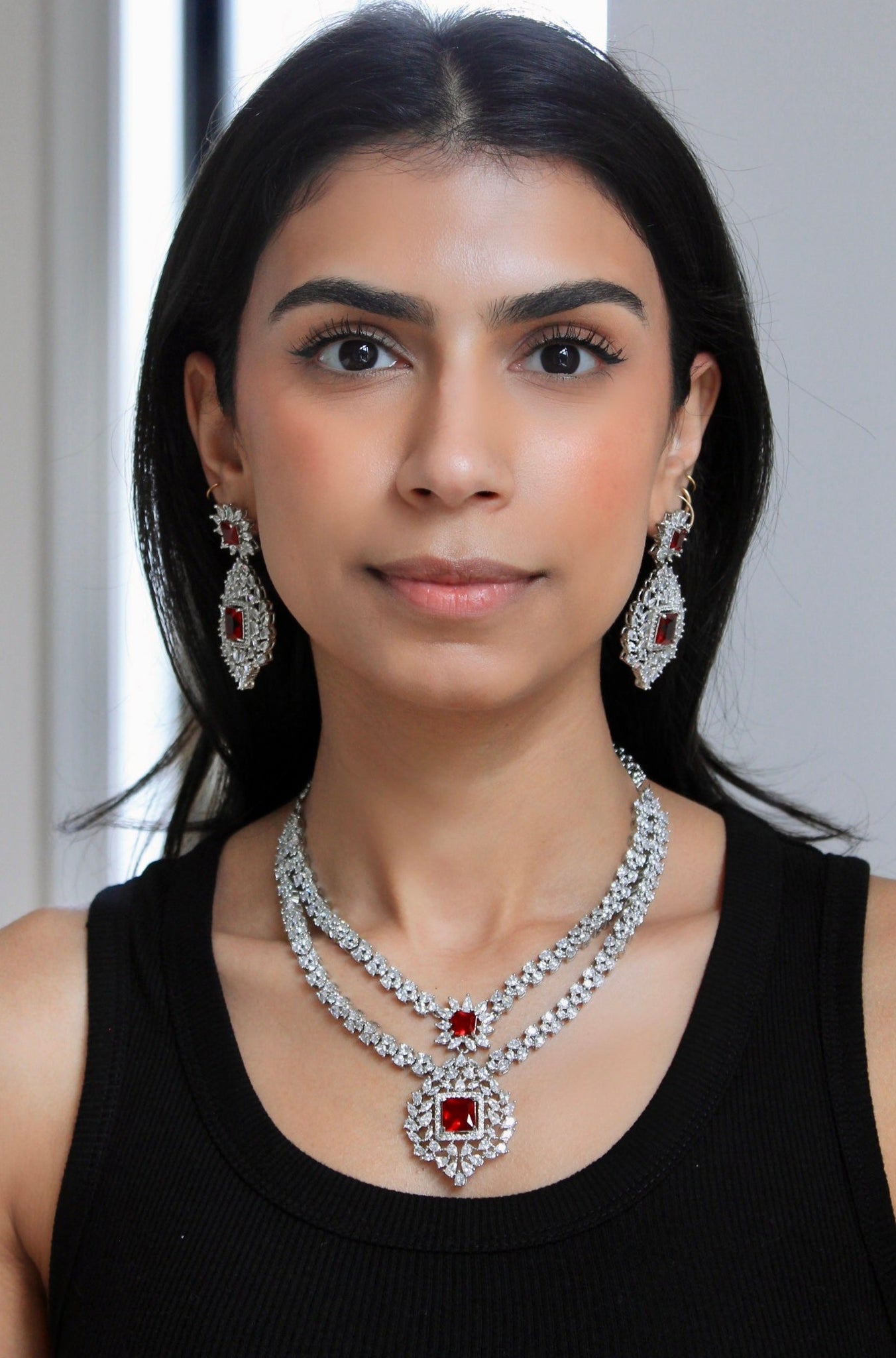 Diamondesque Double Layer Ruby Pendant Necklace & Earrings Set