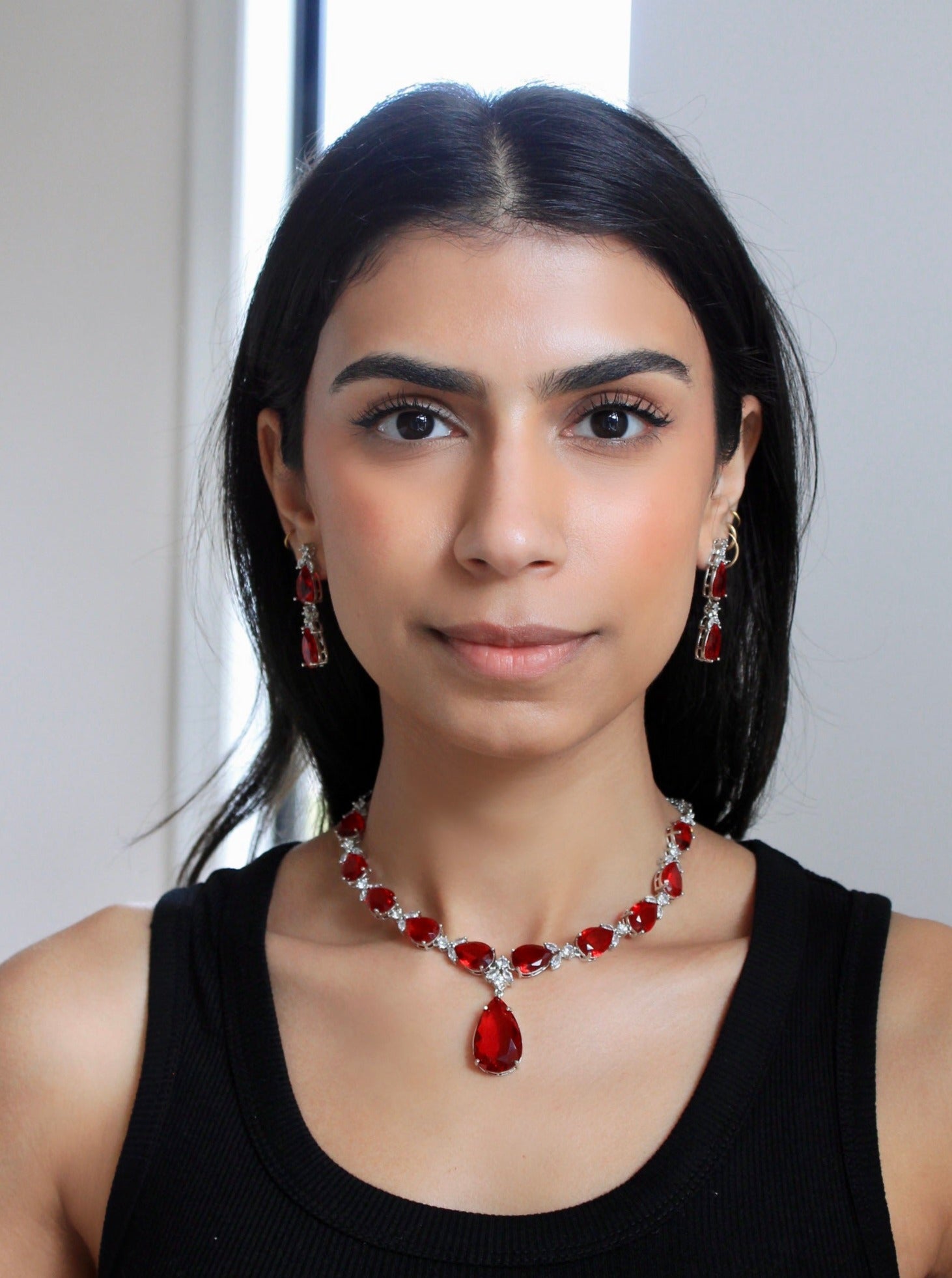 Ruby Teardrop Solitaires Necklace & Earrings Set
