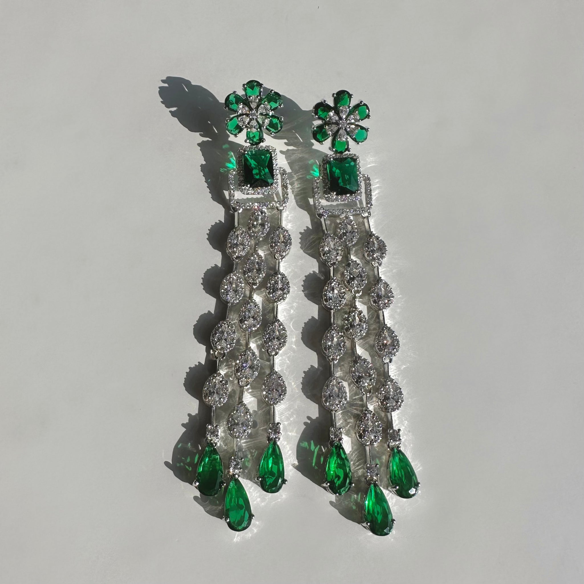 Emerald Long Diamondesque Flower Drop Earrings