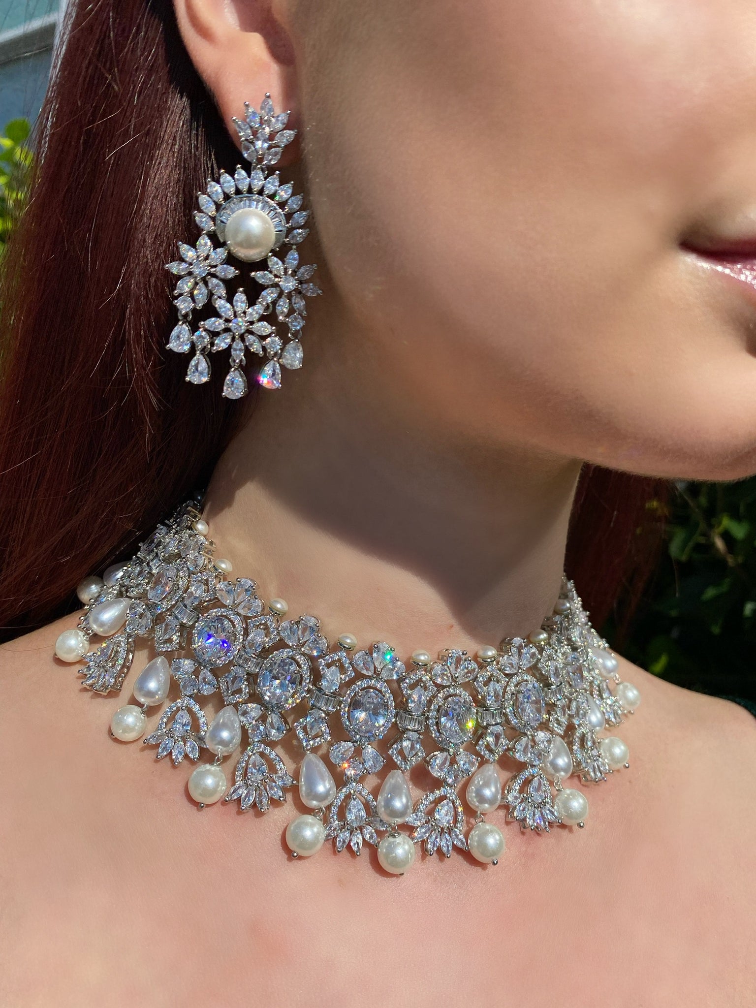 Pearly Ovals Diamondesque Choker Necklace and Earrings