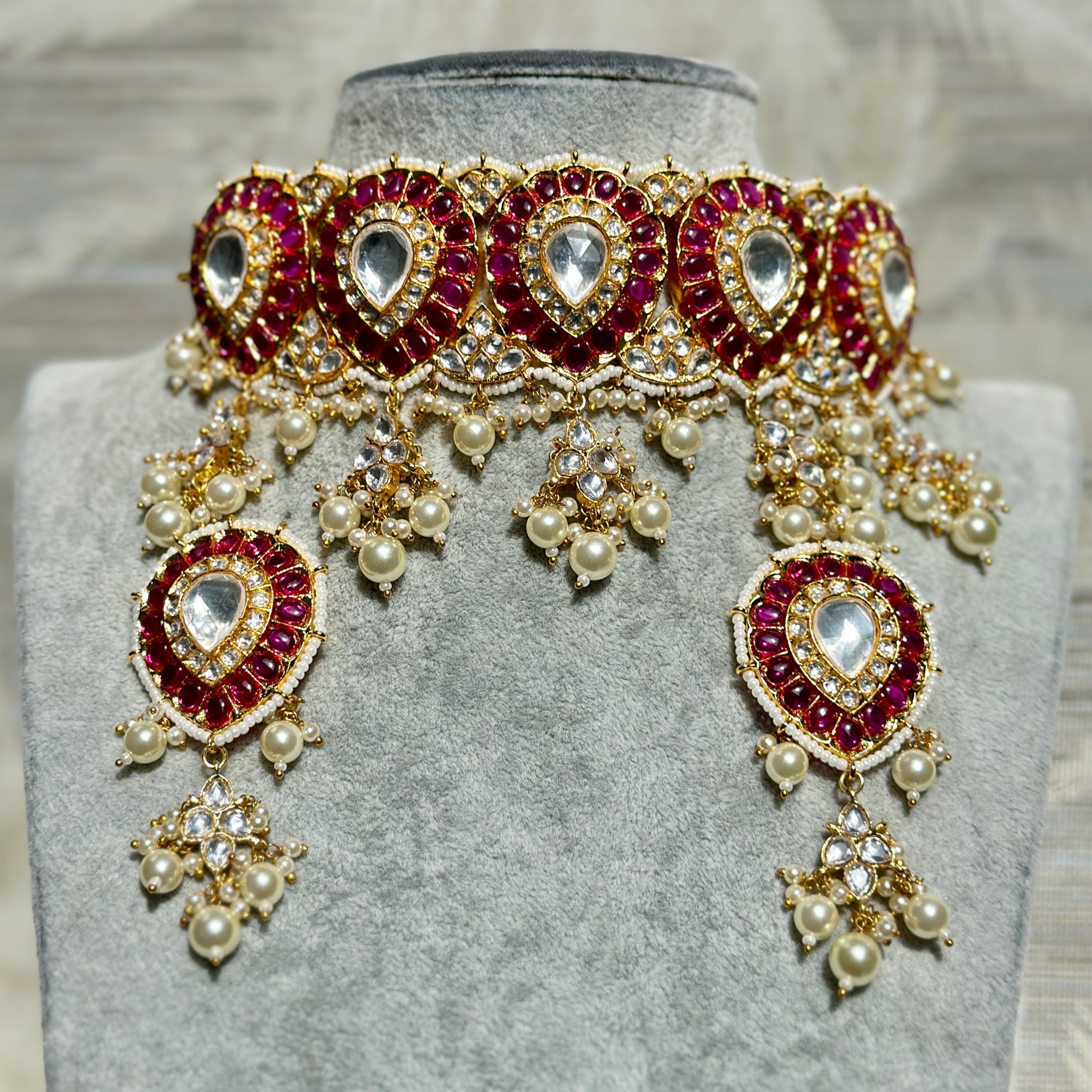 Ruby Kundan Pearl Petals Choker Necklace & Earrings Set