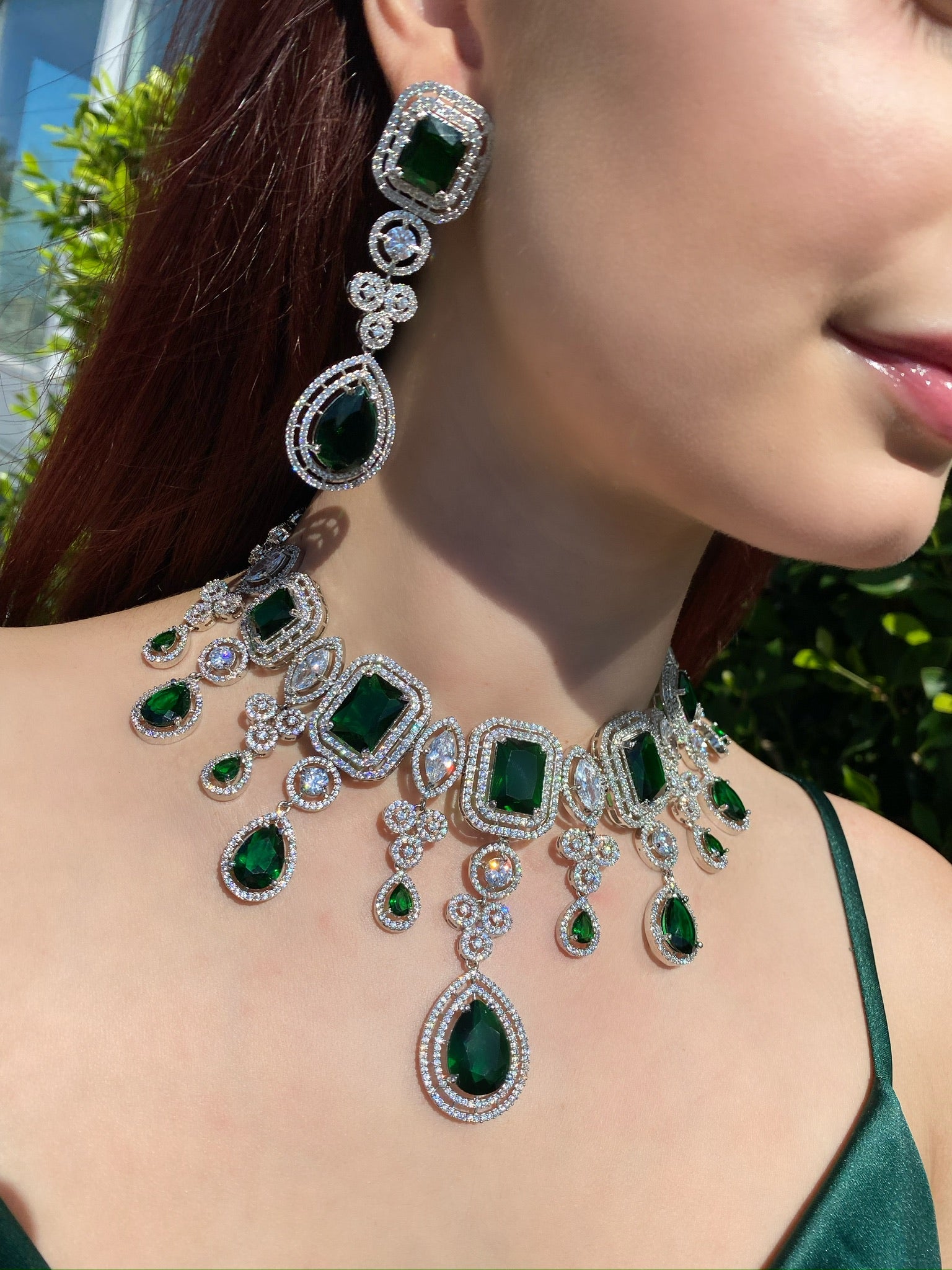 Emerald Princess Halo Necklace and Earrings