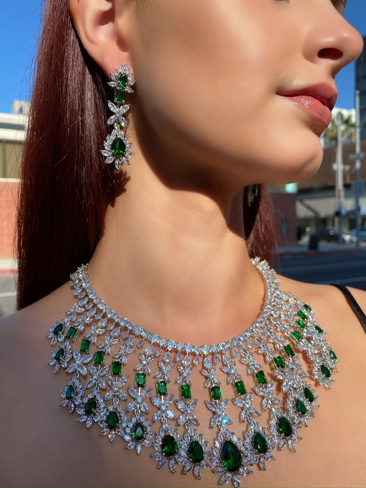 Emerald Teardrop Waterfall Necklace and Earrings and Tikka Set