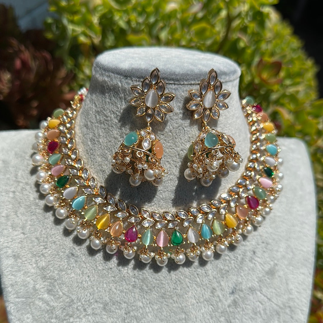 Multi Teardrops Collar Necklace and Earrings Set