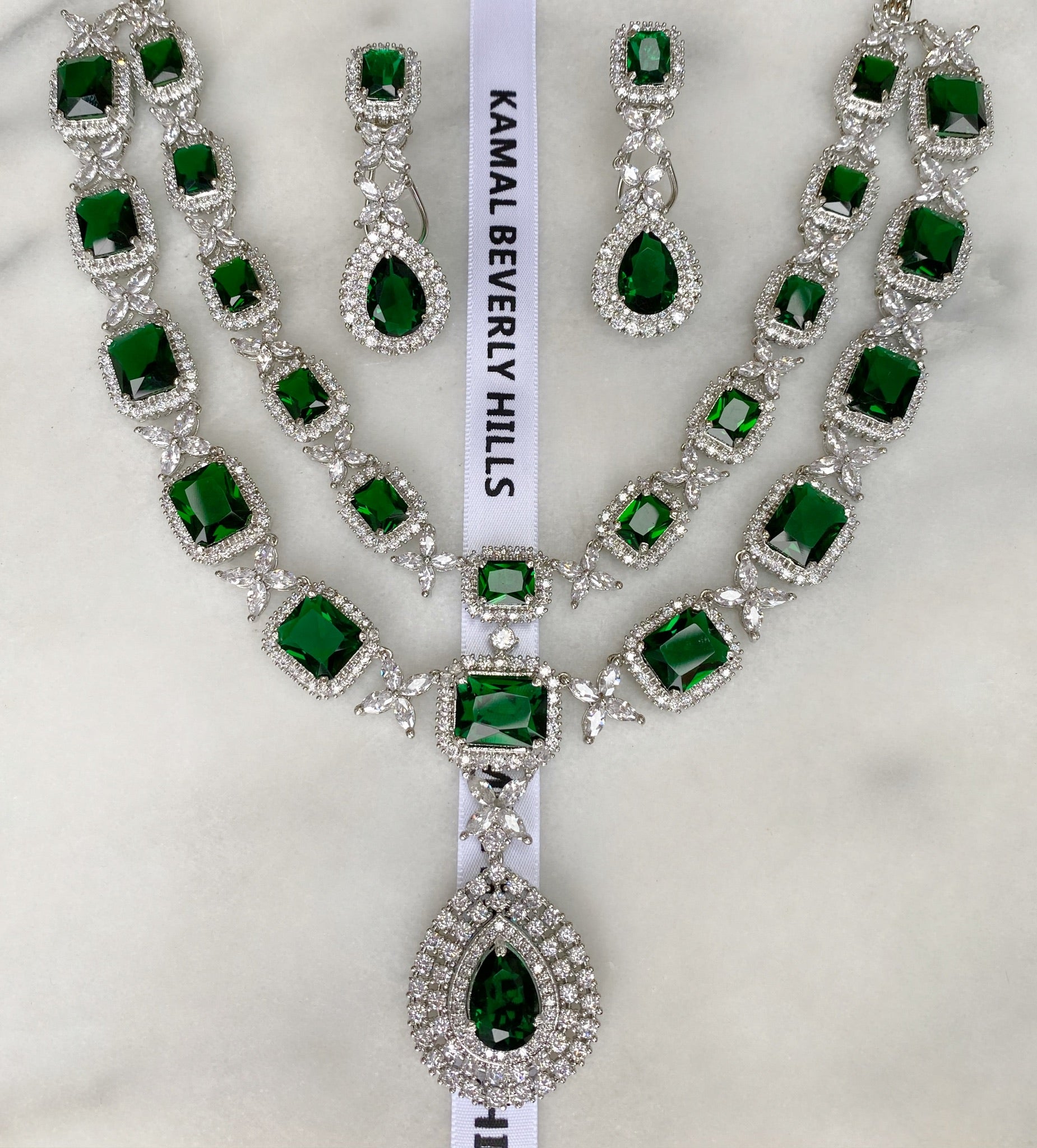 Emerald Princess Teardrop Pendant Necklace and Earrings Set 