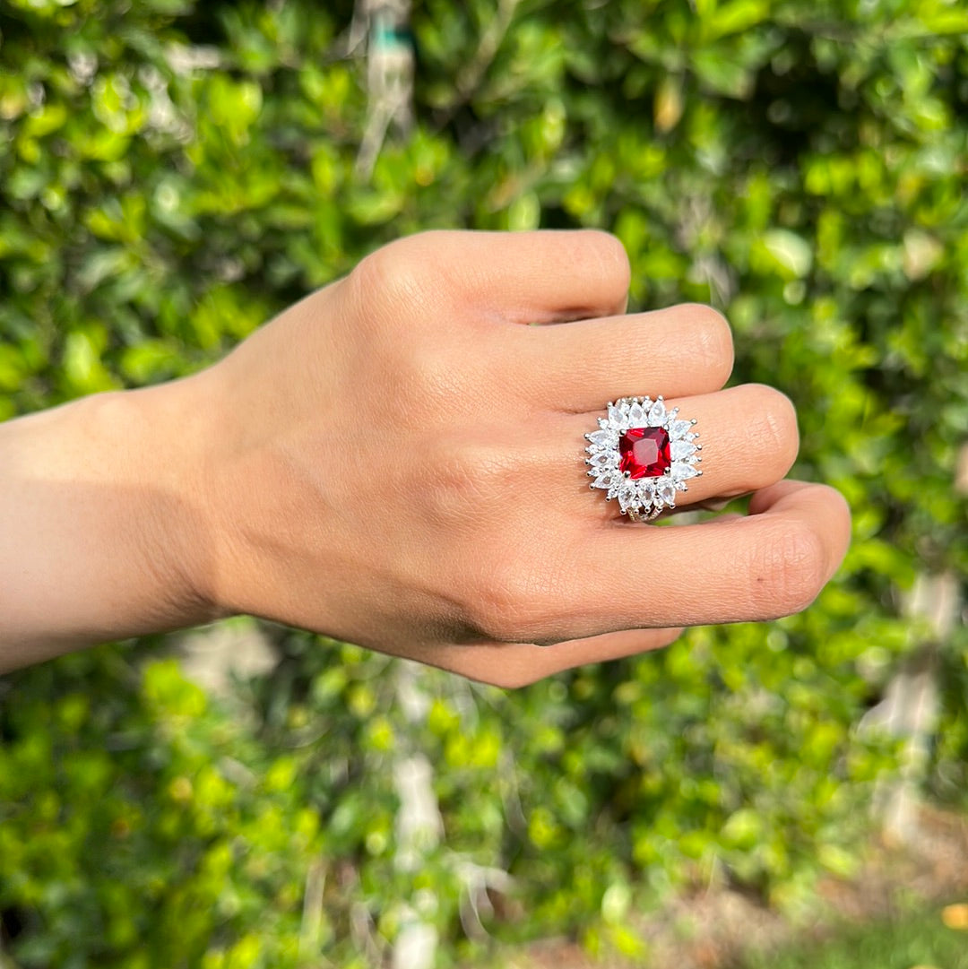 Ruby Red Square Starburst Ring