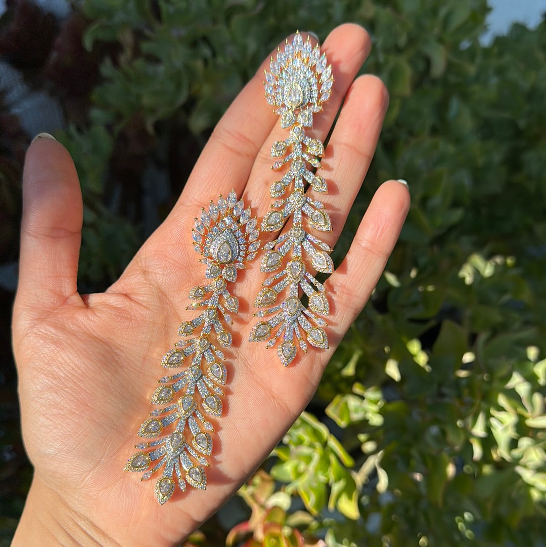 Gold Diamondesque Peacock Feather Earrings