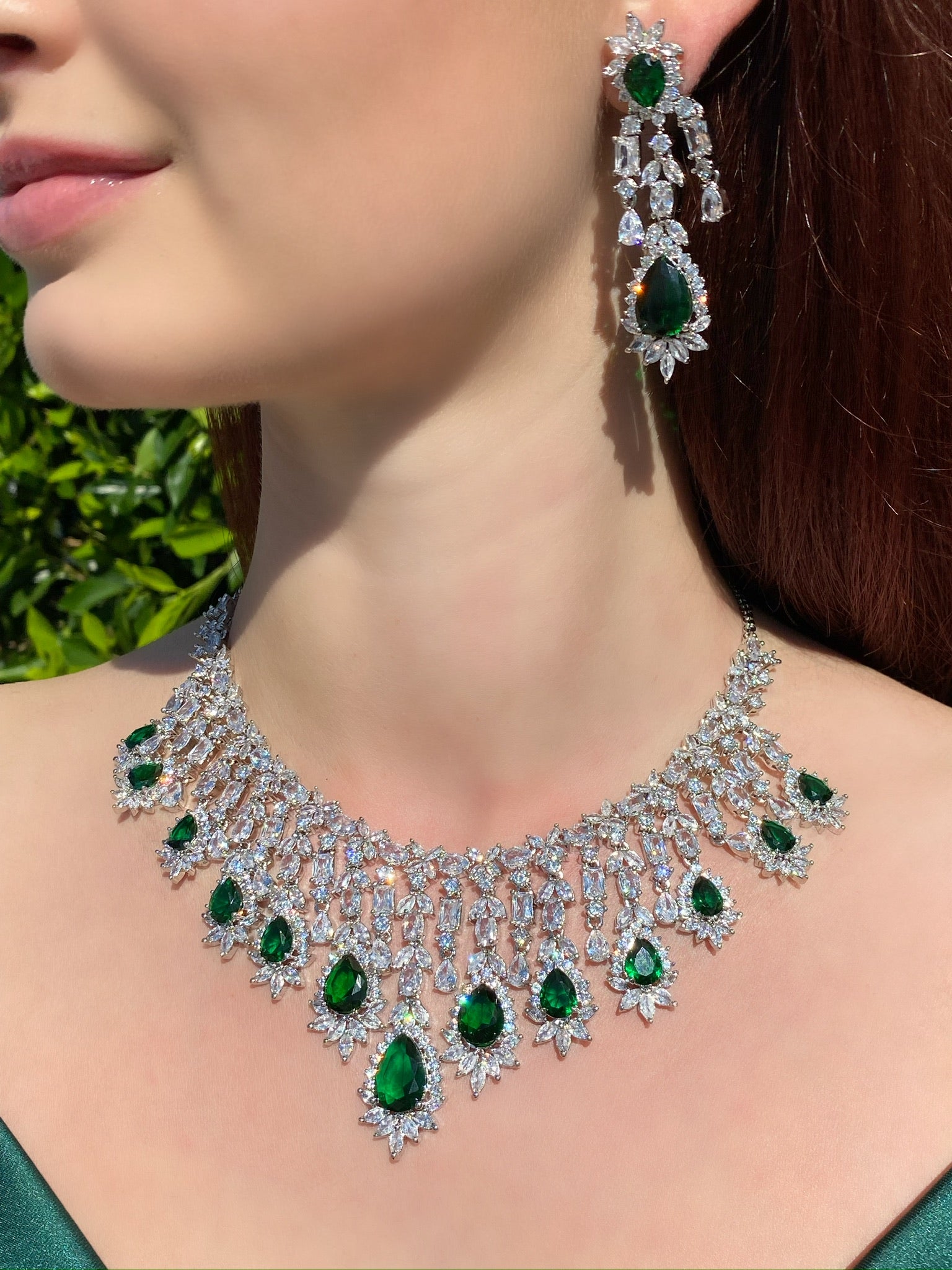 Emerald Green Teardrop Cascading Necklace and Earrings