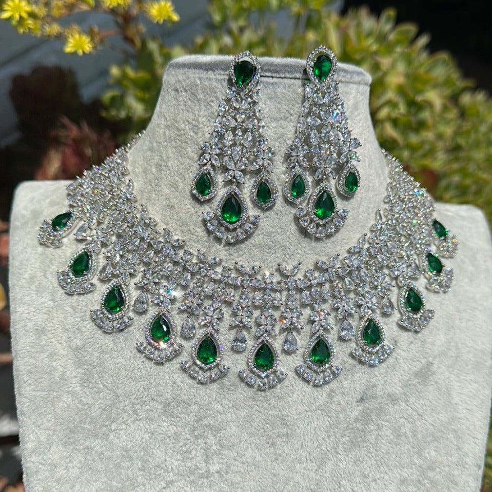 Diamondesque Leafy Emerald Teardrop Necklace and Earrings Set