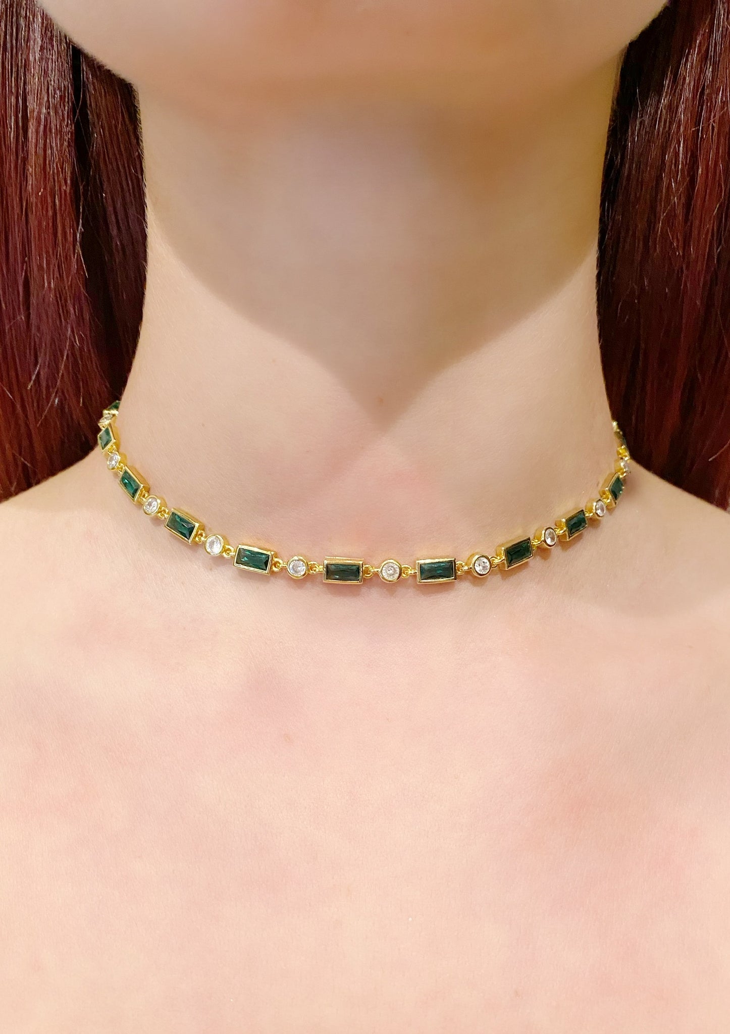 Emerald dot dash choker necklace single on model