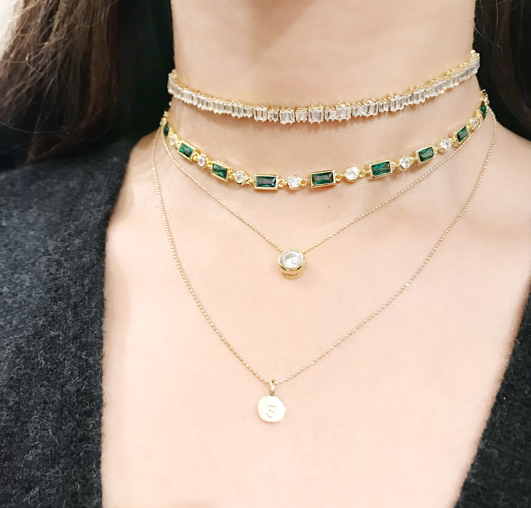 Emerald dot dash choker necklace gold stack