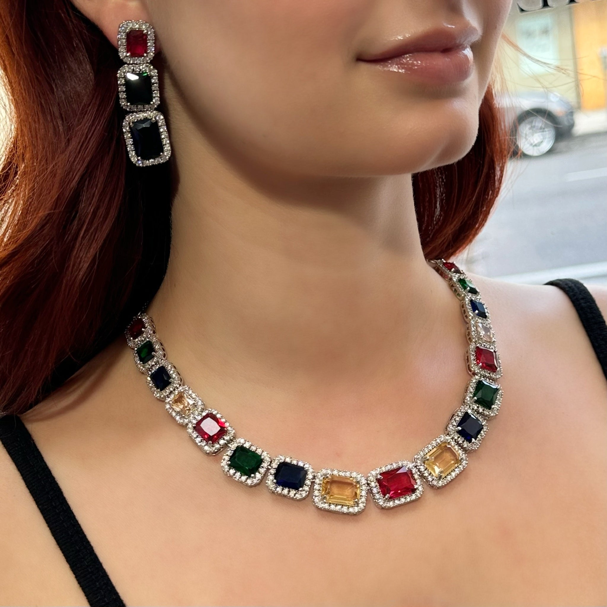 Multi Halo Princess Collar Necklace and Earrings Set