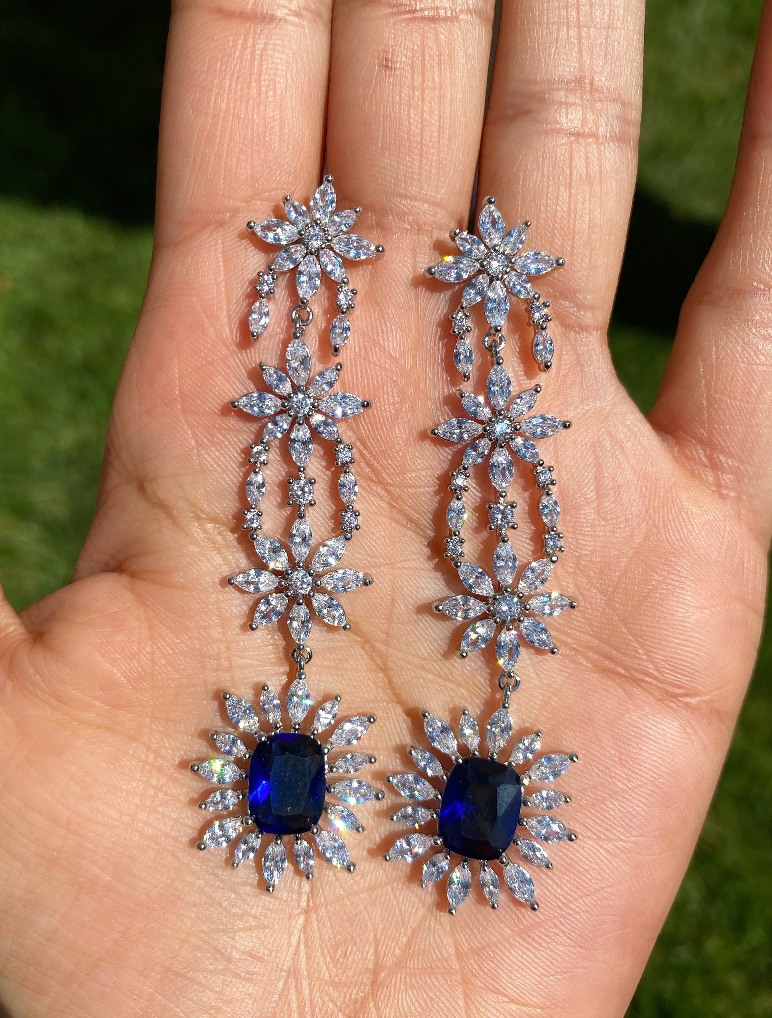 Sapphire Diamondesque Flower Long Earrings
