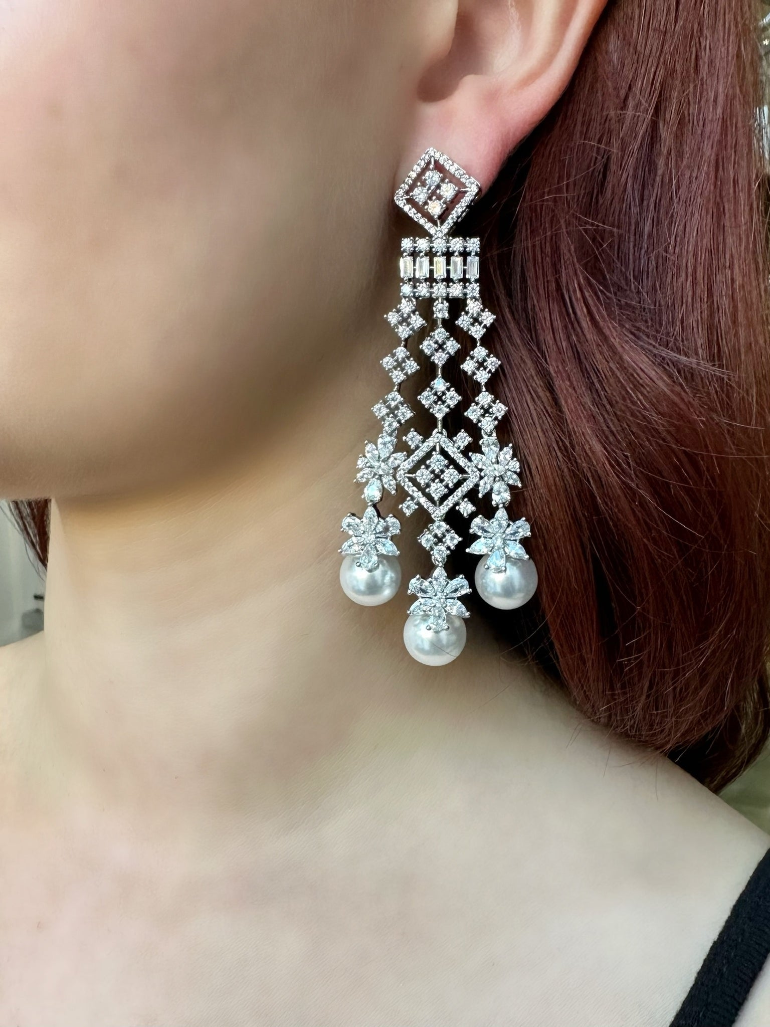 Diamondesque Geo Three Pearl Earrings