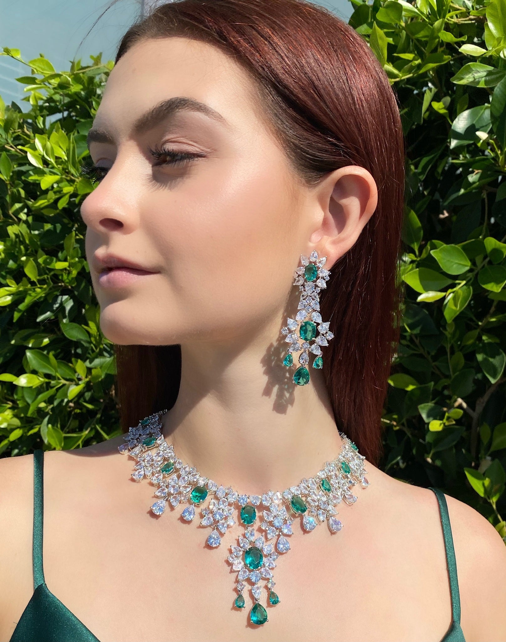 Green Tourmaline Diamondesque Necklace & Earrings full view on model