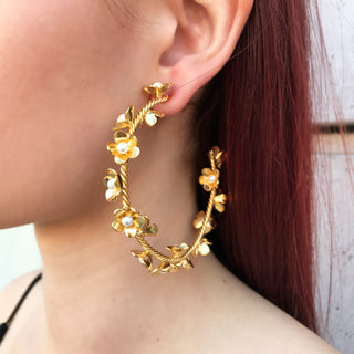 Gold Pearl Flower Hoop Earrings side view on model