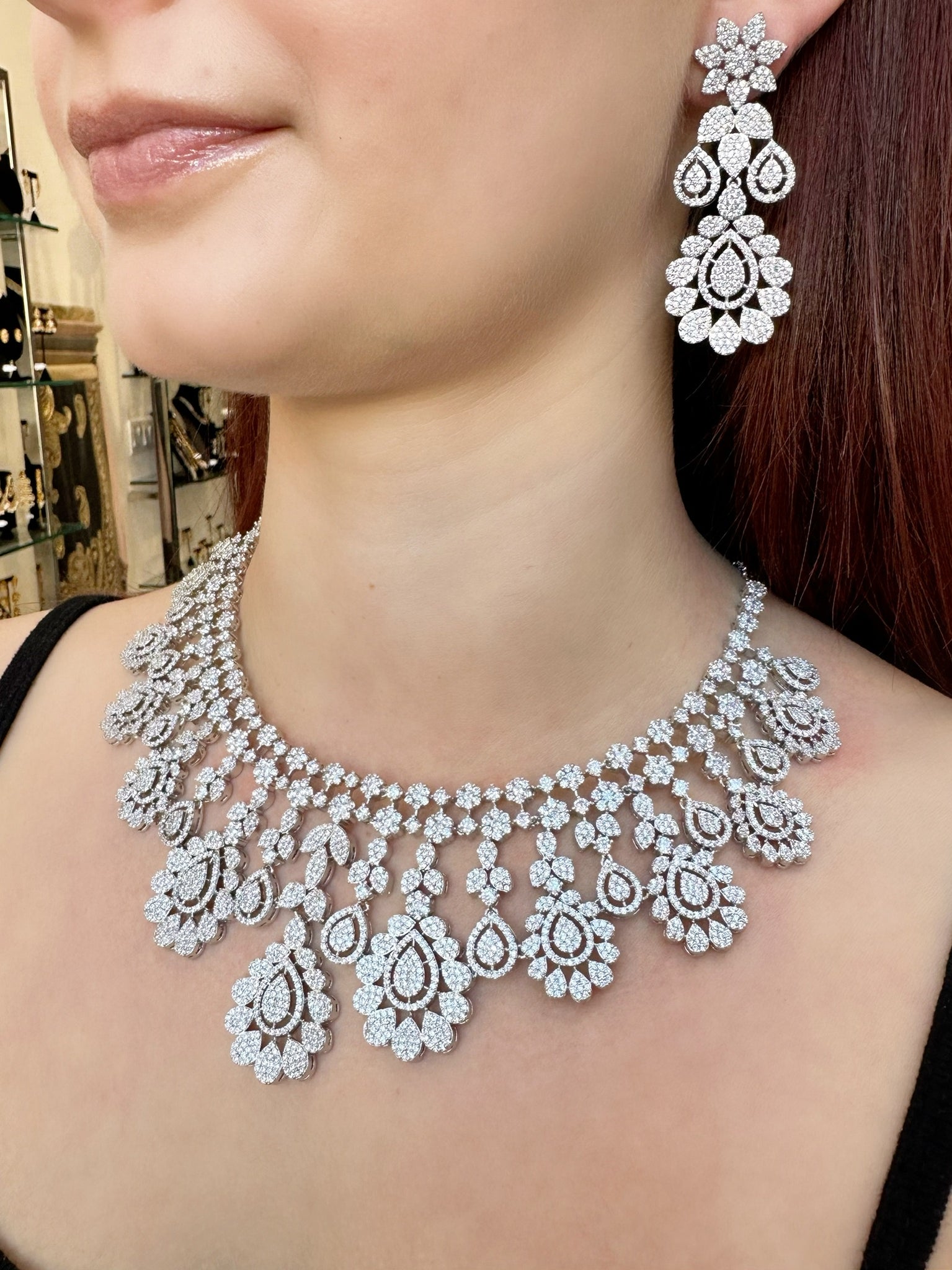 Pave Petals Cascading Necklace and Earrings Set