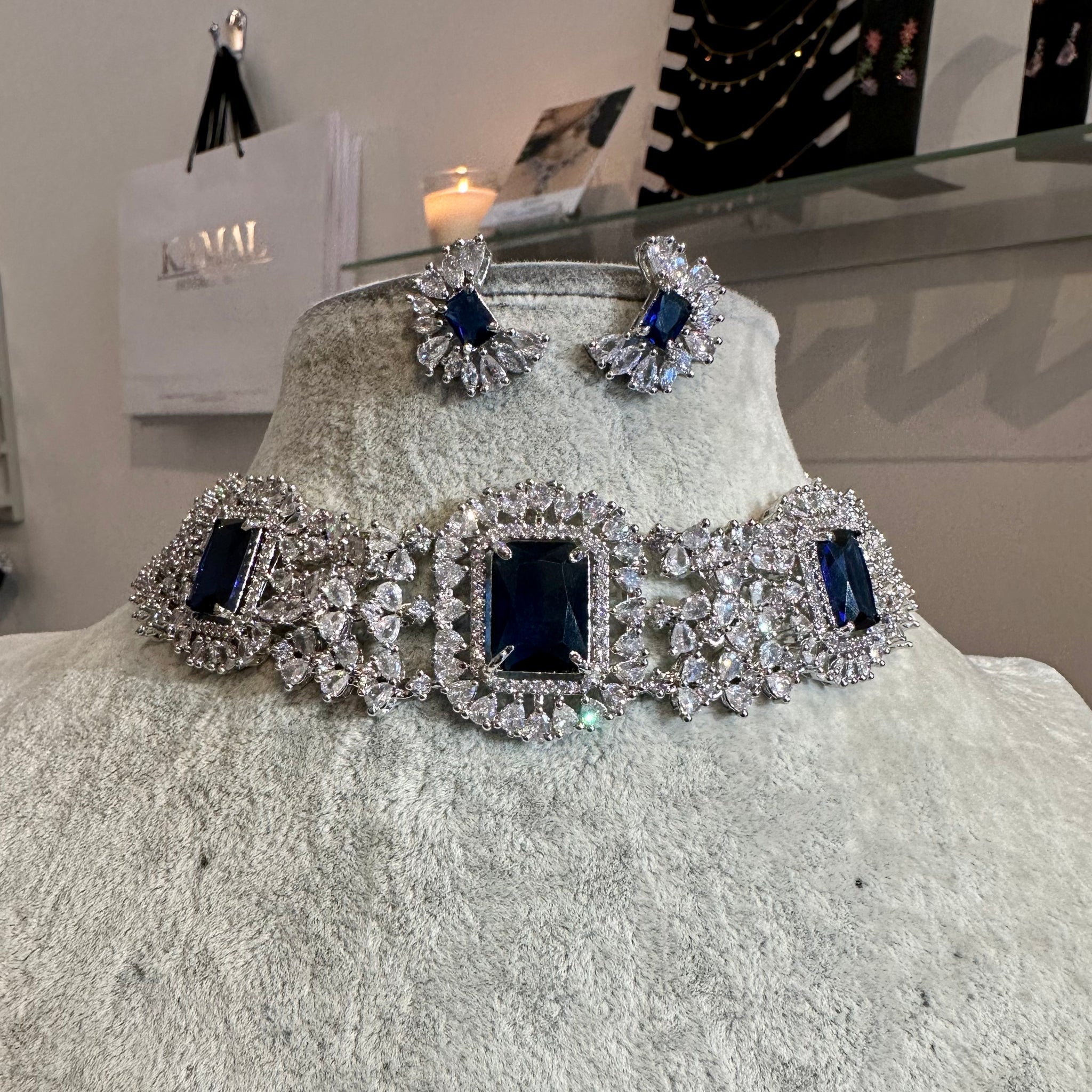 Sapphire Blue Princess Strands Choker Necklace & Earrings Set