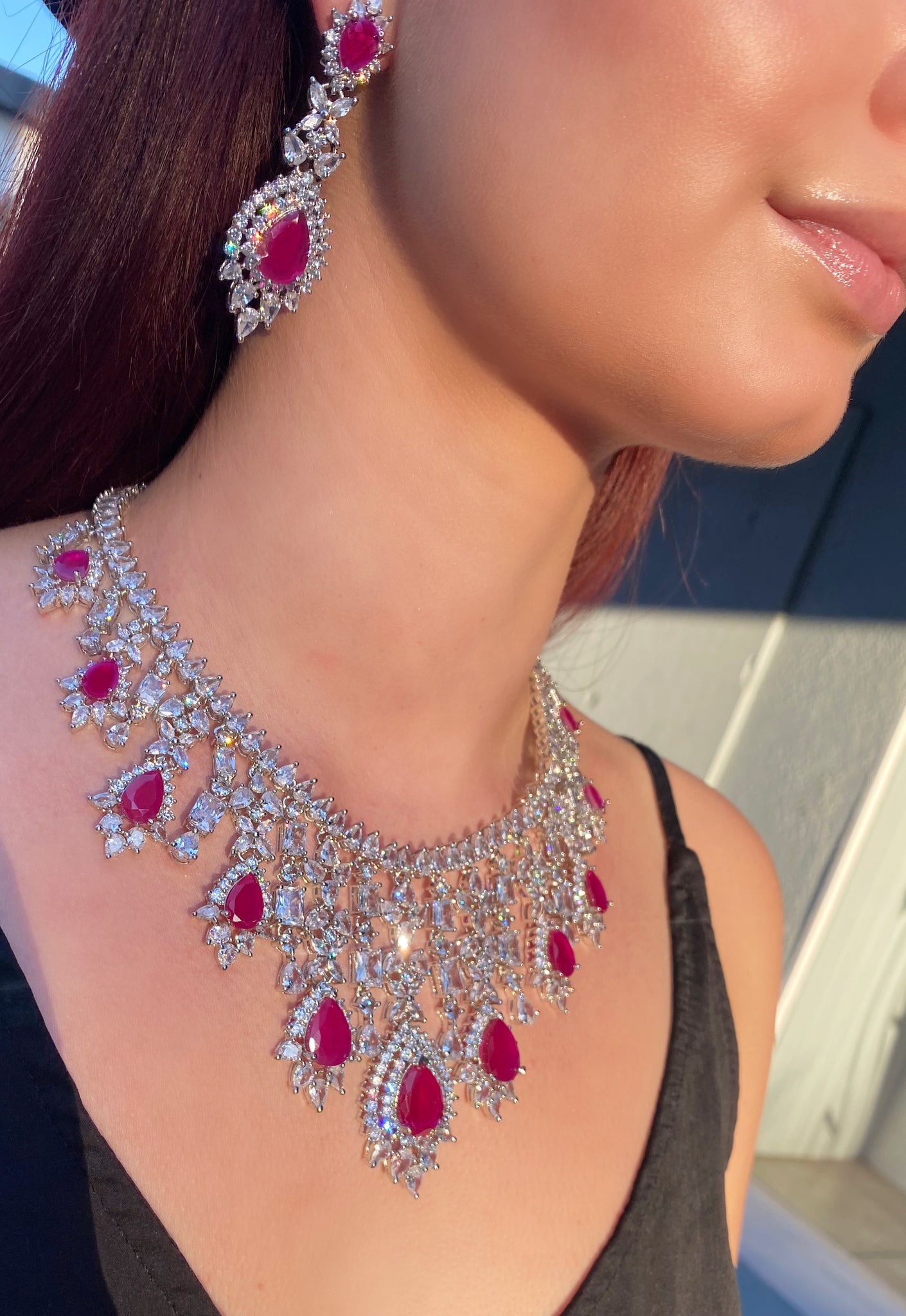 Ruby Red Dagger Drop Necklace & Earrings Set