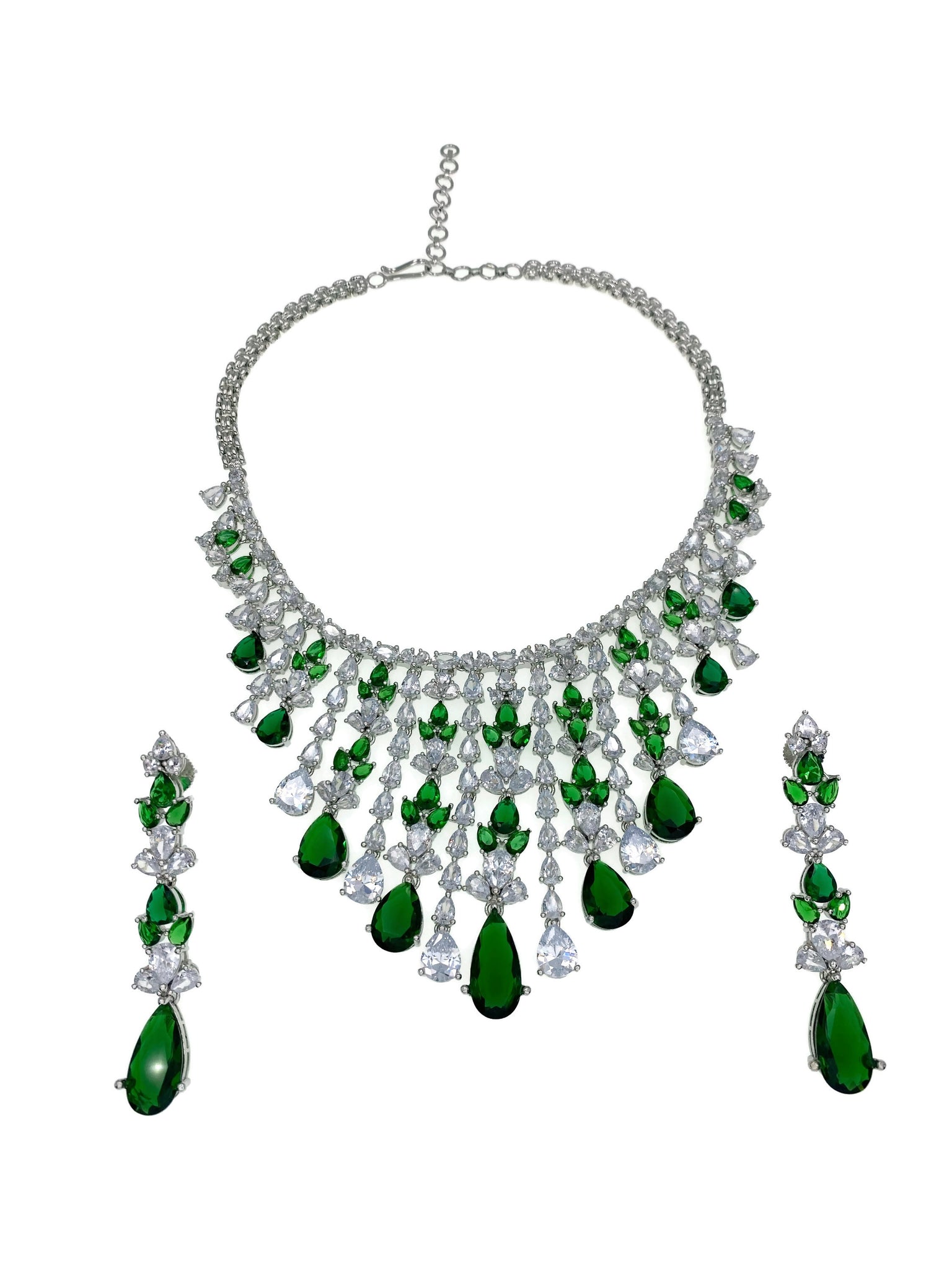 Emerald Diamondesque Cascading Jewels Necklace and Earrings full view
