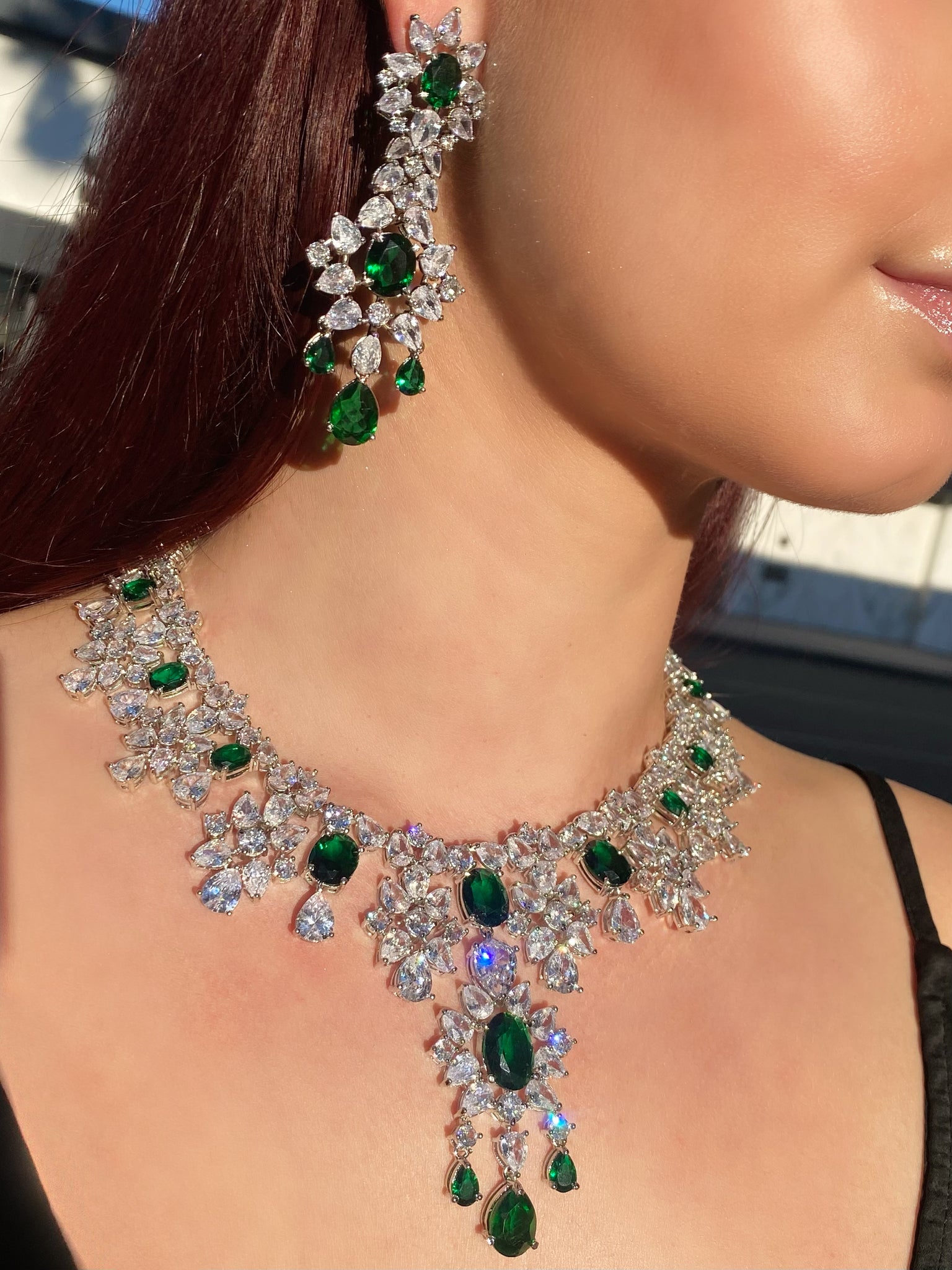 Emerald Green Diamondesque Necklace and Earrings