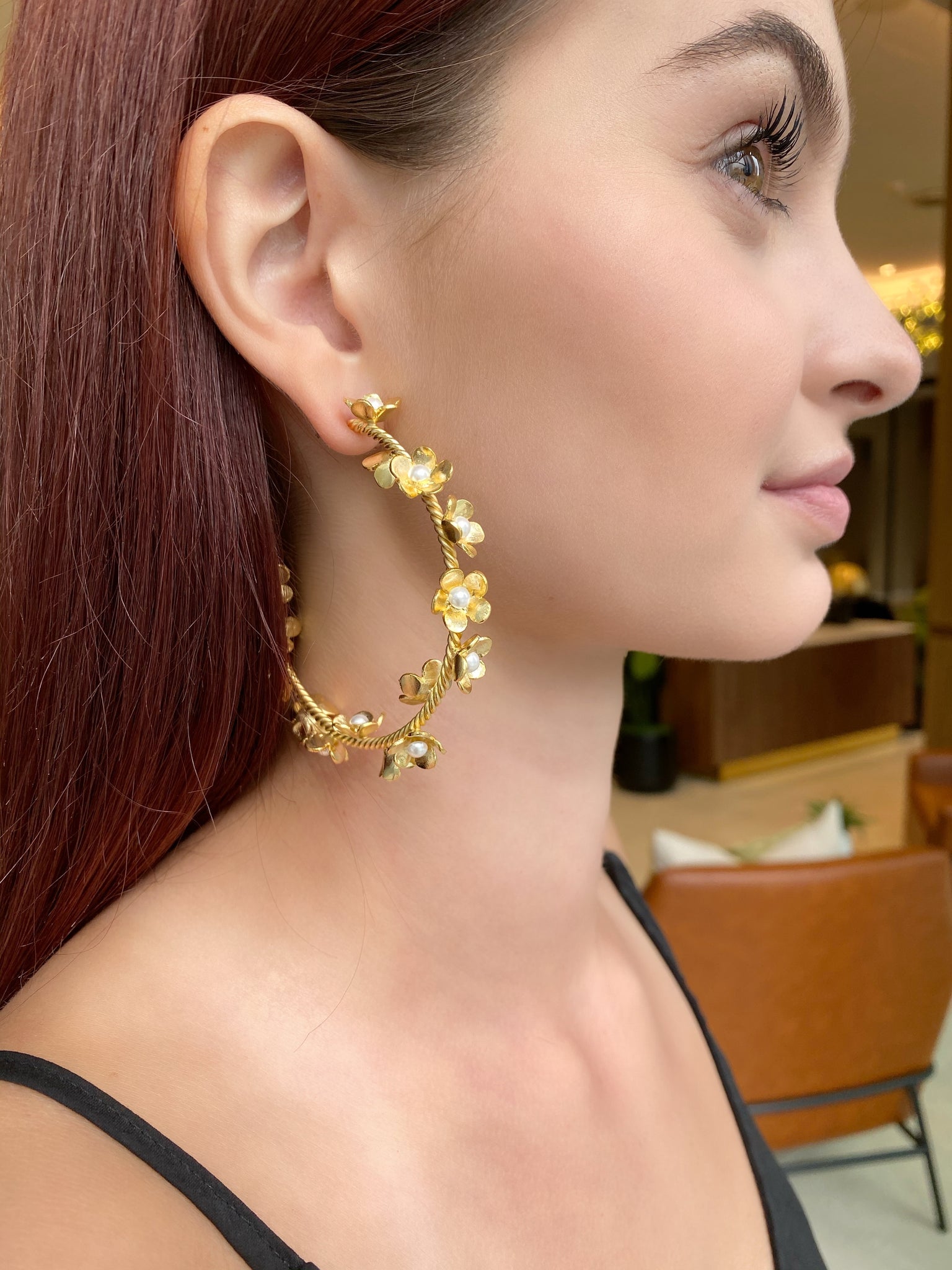 Gold Pearl Flower Hoop Earrings on model