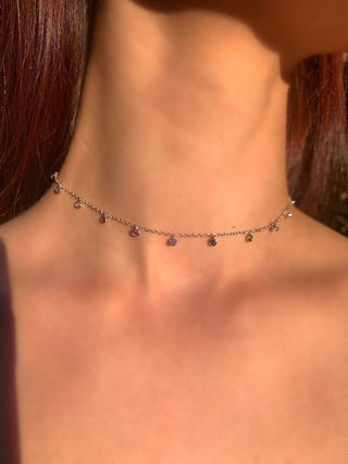 Micro multi dots choker necklace platinum plated on model