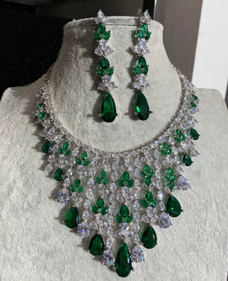 Emerald Diamondesque Cascading Jewels Necklace and Earrings in sunlight