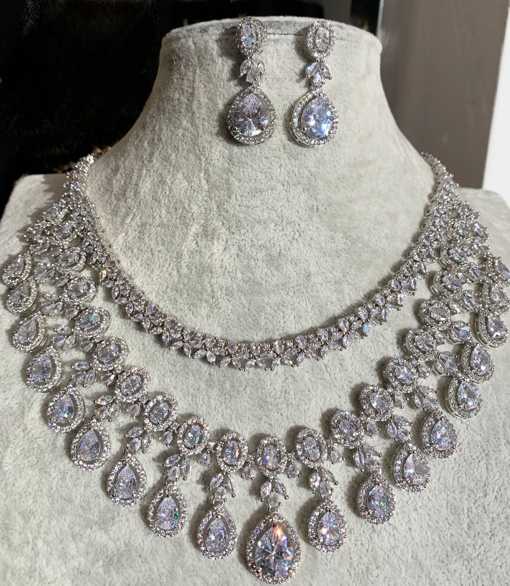 Diamondesque Double Layered Necklace and Earrings Set