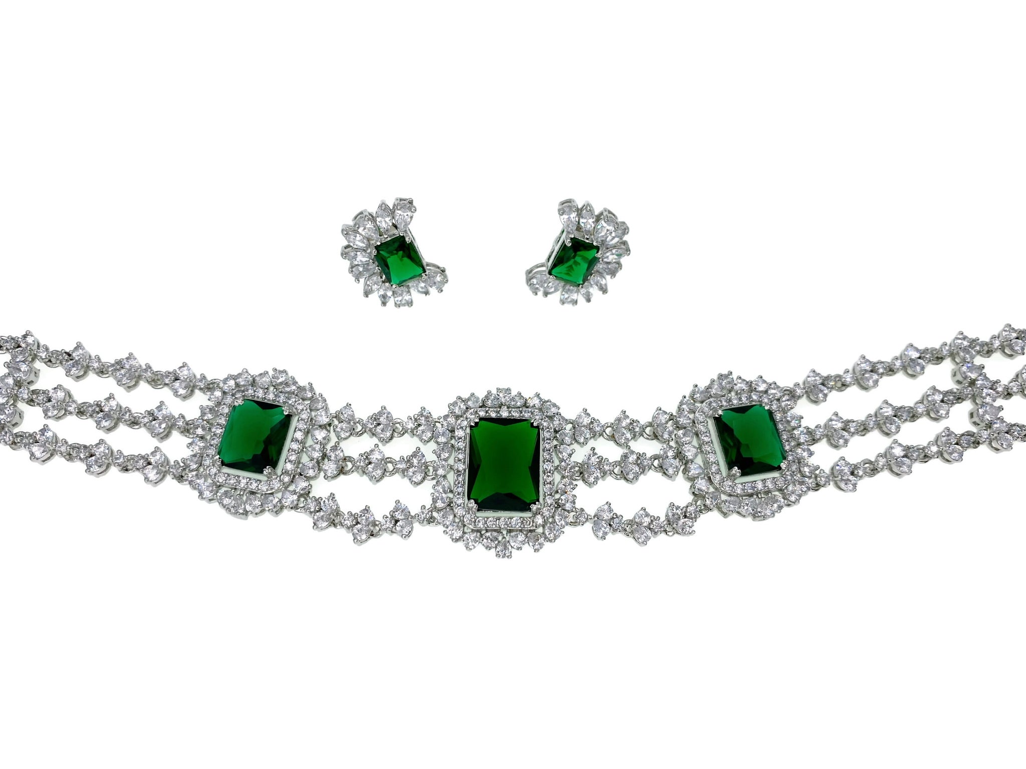 Emerald Princess Strands Choker Necklace & Earrings front view