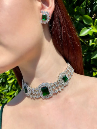 Emerald Princess Strands Choker Necklace & Earrings on model