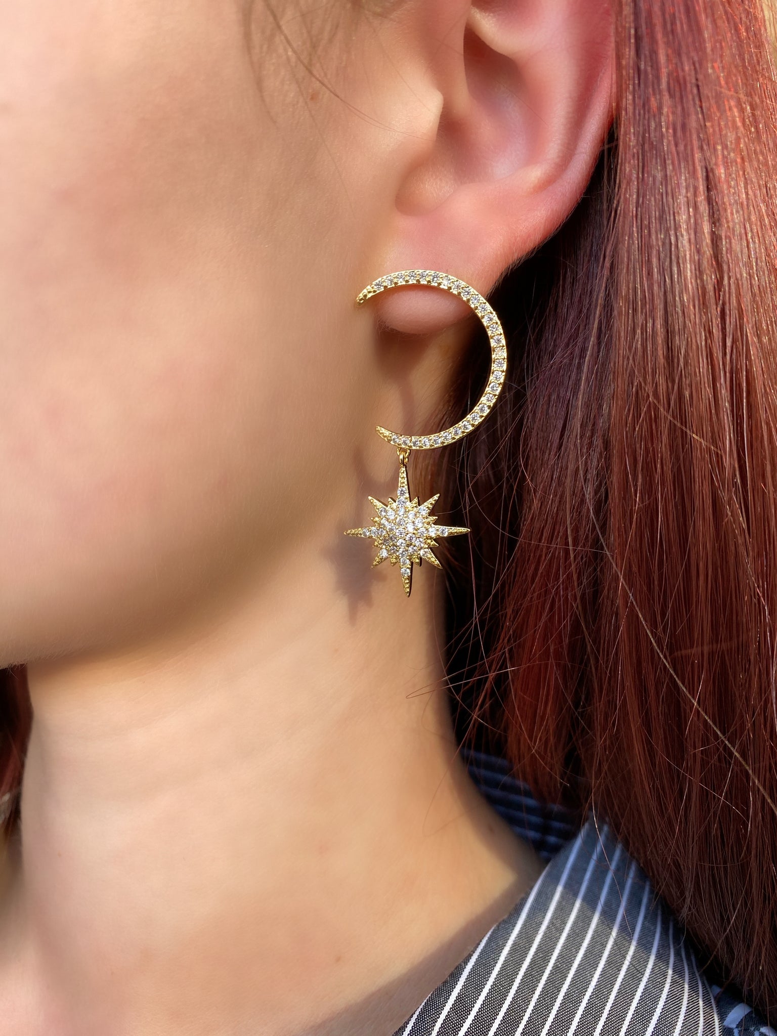 Moon and Star Earrings gold on model