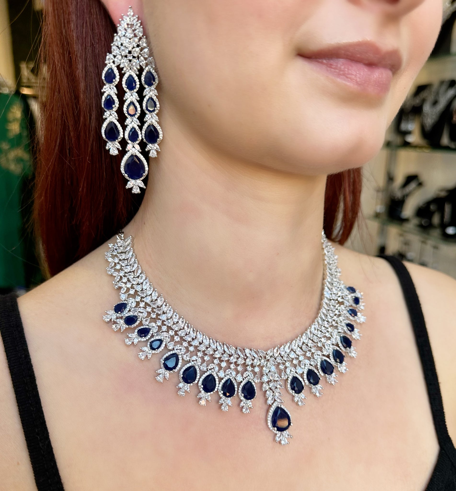 Sapphire Blue Teardrops Necklace and Earrings Set