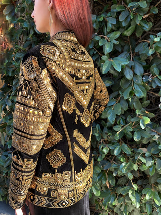 Black and gold tribal beaded velvet jacket back side view