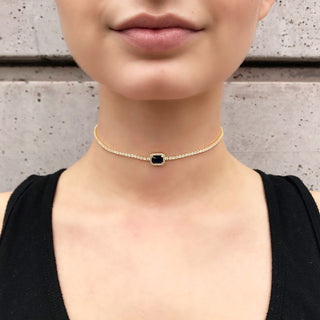 Dainty Line Center Gem Choker Necklace sapphire on model