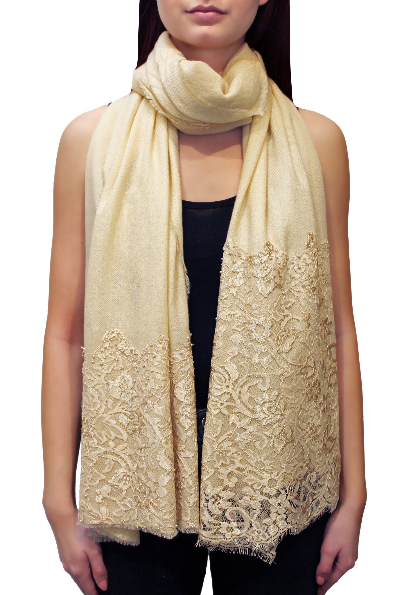 Cream beaded lace pashmina shawl front view