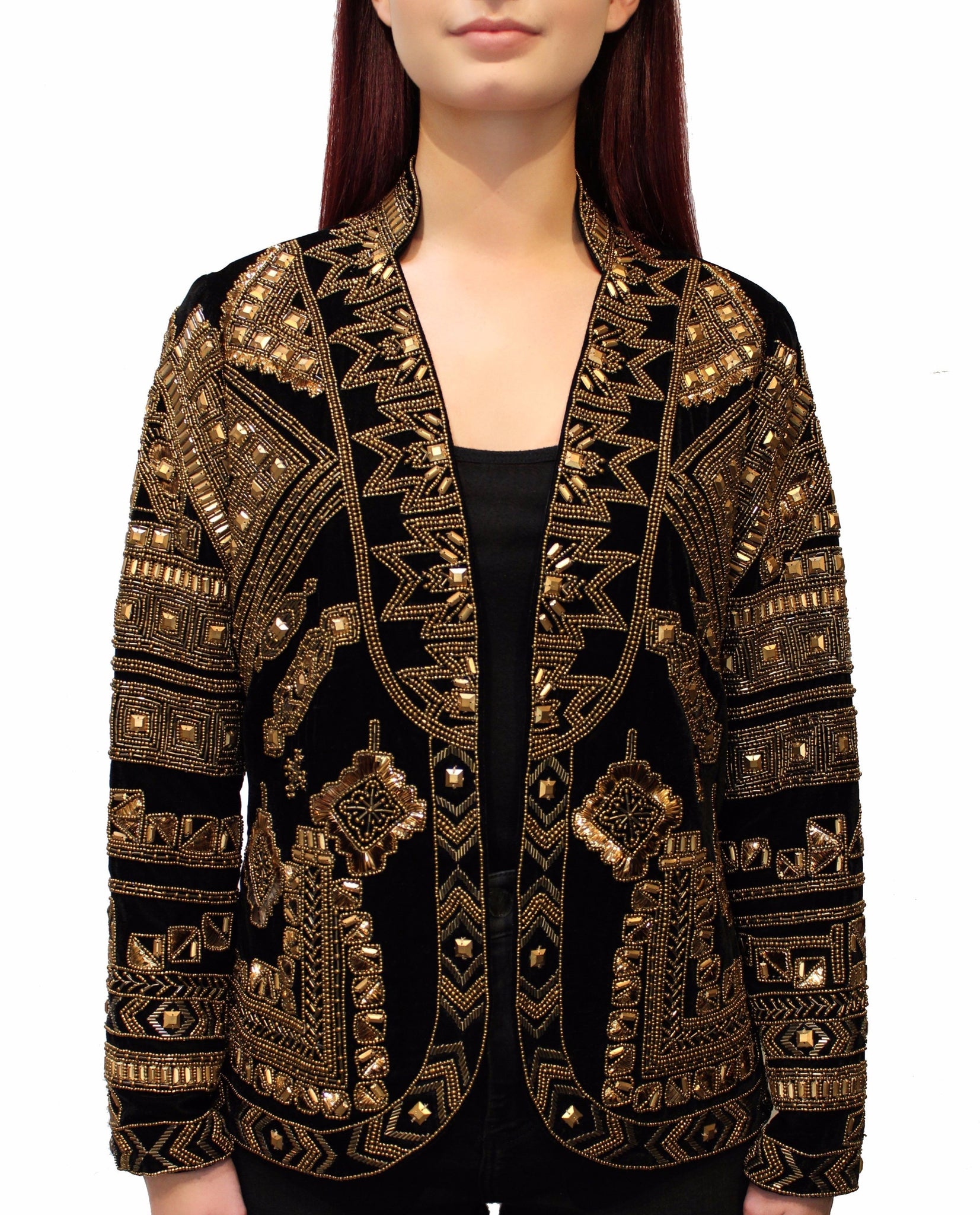 Black and gold tribal beaded belvet jacket front view