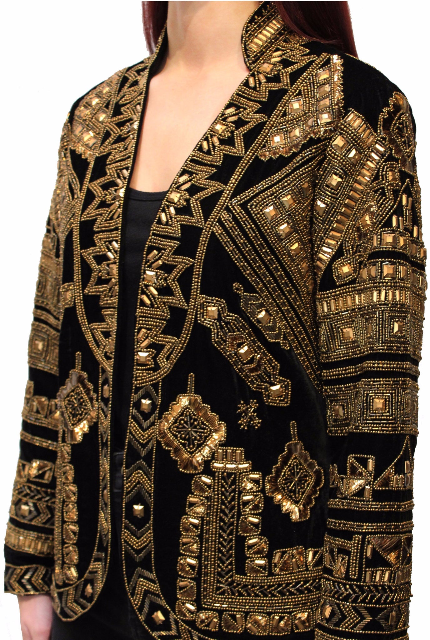 black and gold tribal beaded velvet jacket front view