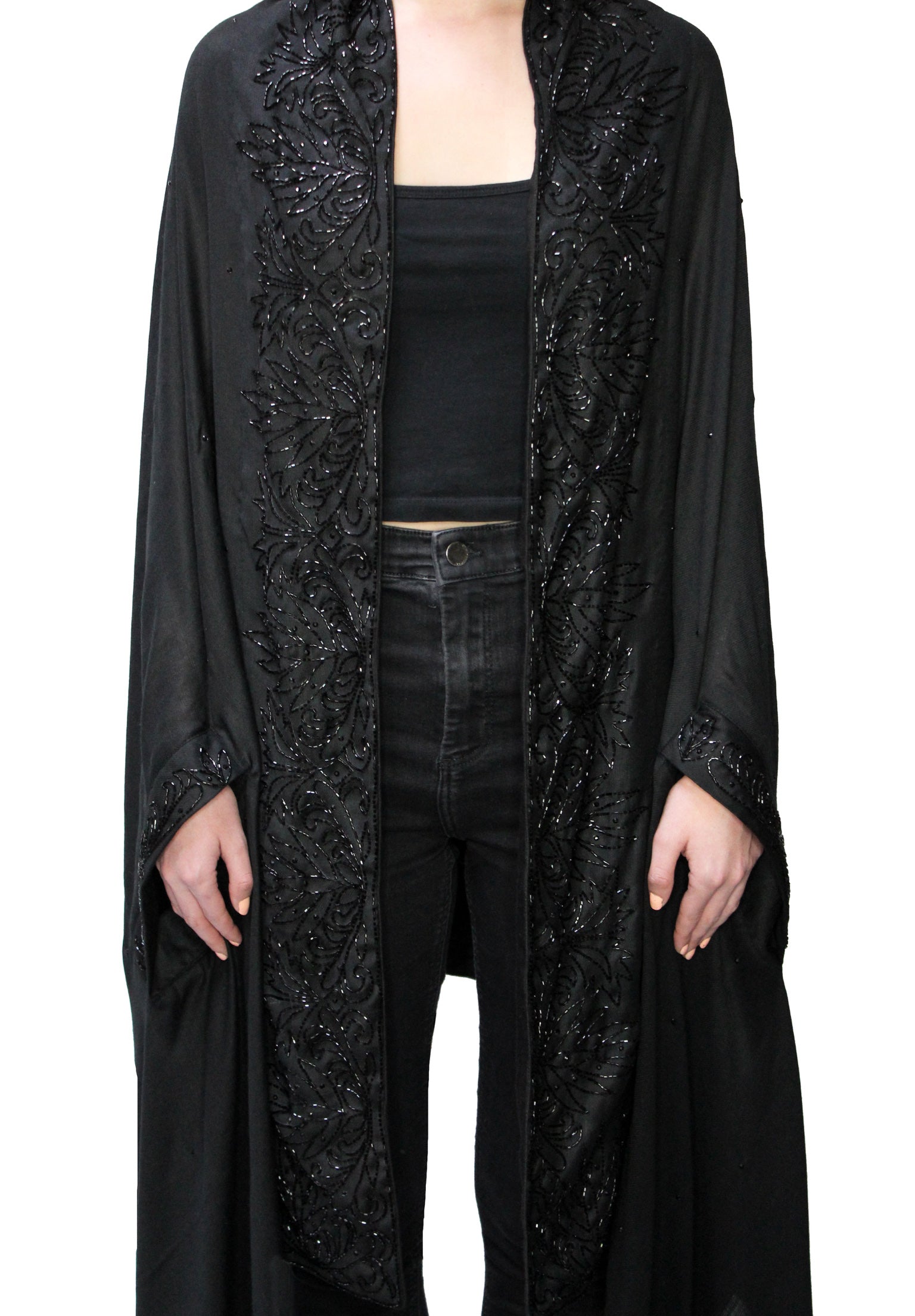 Pure Wool Black Beaded Cape Shawl – Kamal Beverly Hills